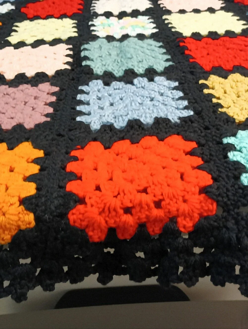 Like New Vintage Handmade Black Multicolor Granny Square Crotchet Afghan